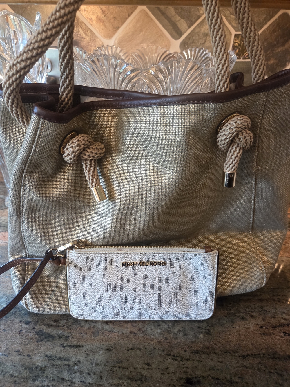 Michael Kors Gold Shimmer Canvas Bag with Matching MK Wristlet